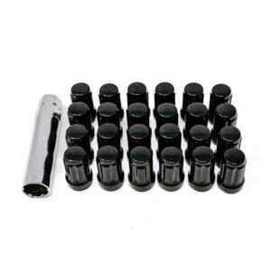 VALOR (6 LUG) 12 X 1.5 Wheel Nut Kit – BLACK – 24 Nuts / 4 Valve Stems / Socket Key